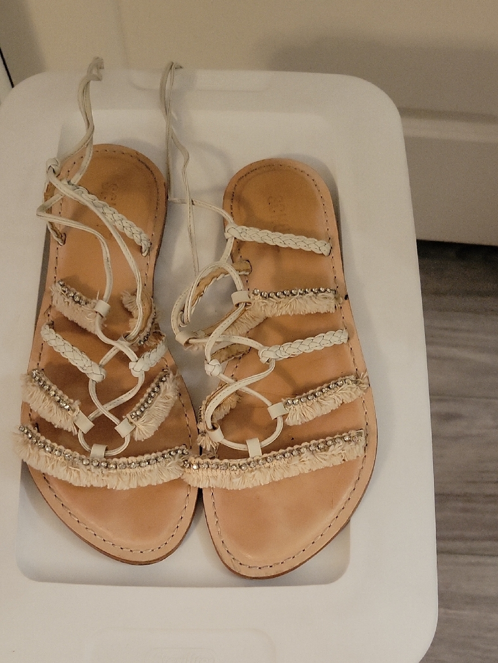 Schultz Neutral Braided Fringe Gladiator Sandals in Beige